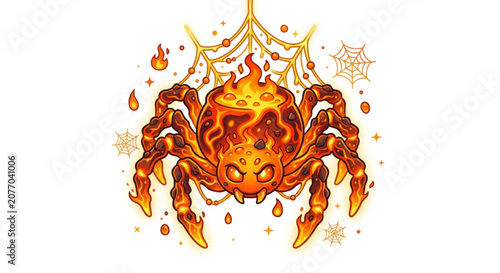 Fotografi ​Cute fiery spider monster with lava cauldron and cobwebs on white background fo