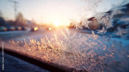 Frosty Car Windshield at Sunrise with Golden Sunlight.