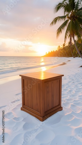 Luxury tropical product display at golden hour sunset featuring an empty wooden podium, warm ocean reflections, and a vibrant tropical sky