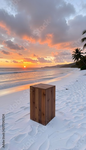 Luxury tropical product display at golden hour sunset featuring an empty wooden podium, warm ocean reflections, and a vibrant tropical sky