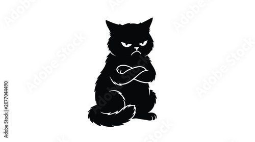Quadro su tela Grumpy black cat vector illustration, angry kitten with folded paws, moody felin