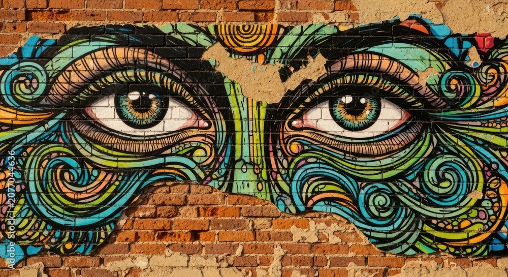 Fototapeta premium Vibrant street art eye mural closeup.