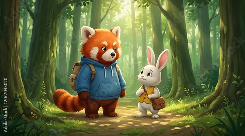 Cute cartoon red panda and bunny in a sunlit forest path