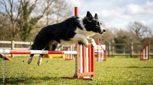 Agile dog leaping over agility jump obstacle in outdoor park setting