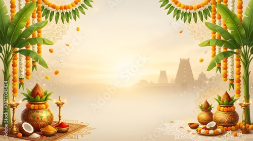 Traditional hindu festival background with kalash and diya lamps for religious celebration