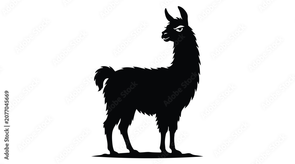 Fototapeta premium Black llama silhouette vector, minimalist alpaca profile icon, standing guanaco animal shape, isolated vicuna graphic for logo design