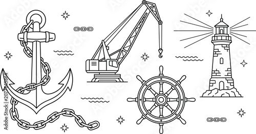 Fotografi Nautical maritime harbor vector doodle icon set with anchor chain port crane hel