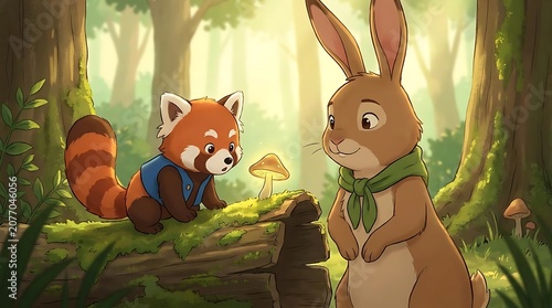 Cute cartoon red panda and rabbit in a magical forest setting