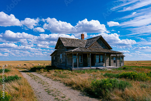 rustic farmhouse under clear midday sky, surrounded by vibrant fields, photorealistic rural photography.