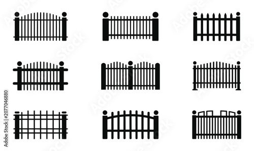 Black fence icon vector set metal picket gate railing design