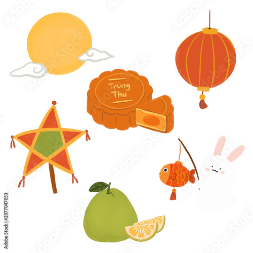 Cute Mid Autumn Festival sticker set on black background. Whimsical hand drawn Vietnamese Tet Trung Thu mooncake, star lantern, and rabbit illustration collection