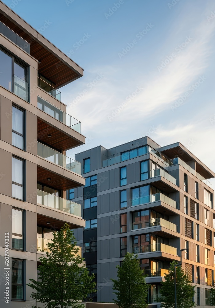 Fototapeta premium Modern Residential Apartment Buildings with Glass Balconies and Contemporary Architectural Design under Blue Sky