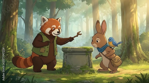Cute cartoon red panda and rabbit with bird in forest