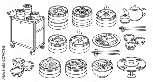 Foto Dim Sum restaurant icons, traditional Chinese steamed dumplings and dishes, Asia