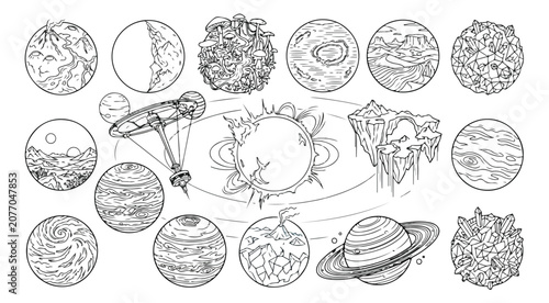 Fotografie Cosmic celestial bodies vector collection, detailed astronomical planets and moo