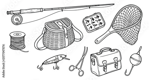 Canvastavla Vintage fishing gear vector collection, classic fly fishing equipment, traditional angling tools, and accessories for outdoor recreation