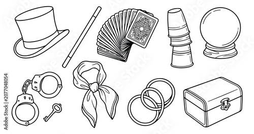 Foto Magic show props vector set, illusionist performance accessories, magician tools
