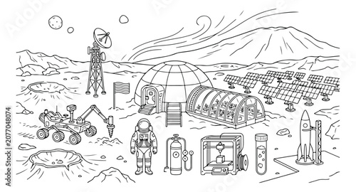 Foto Mars colonization vector illustration, space exploration and futuristic settlement, astronaut, rover, and rocket on alien planet surface, scientific research and extraterrestrial base design