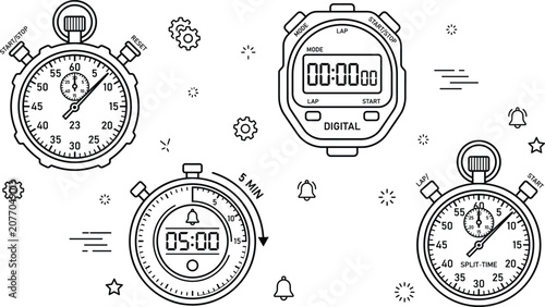 Foto Stopwatch and digital timer icon set with analog chronographs split time countdo