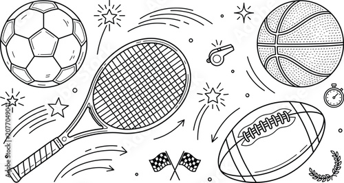 Fotografie Sports equipment vector doodle icon set with soccer ball basketball tennis racke