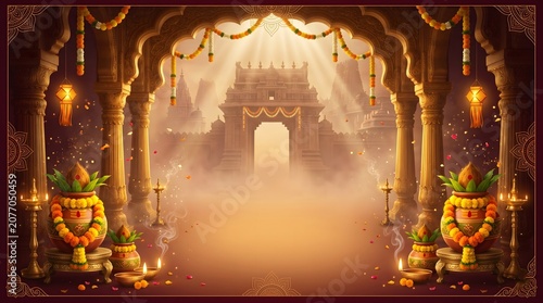 Traditional hindu temple festive background with kalash and diya lamps for religious celebrations
