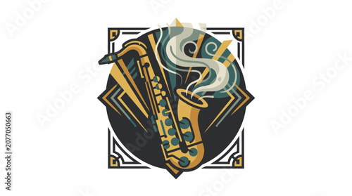Bild auf Leinwand Vintage saxophone emblem with musical smoke and frame.