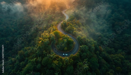 Scenic aerial perspective of a captivating winding mountain road enveloped by a vibrant, misty green forest as the golden sun rises, highlighting a car's solitary adventure