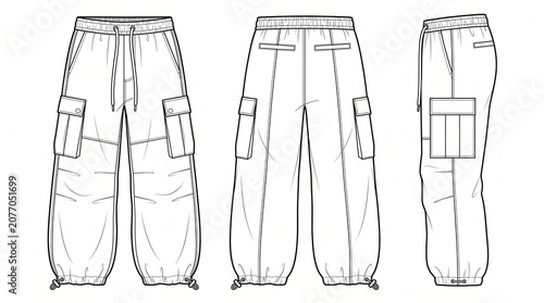 Cargo Pants Technical Flat Sketch Fashion CAD Vector Template Front Back Side View