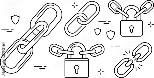 Quadro su tela Chain link icon set with padlock security elements broken chains shields safety