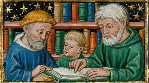 Elder Scholar Teaches Child Among Ancient Books in Medieval Miniature Painting Style