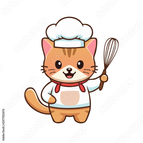 Cute cartoon cat chef holding whisk