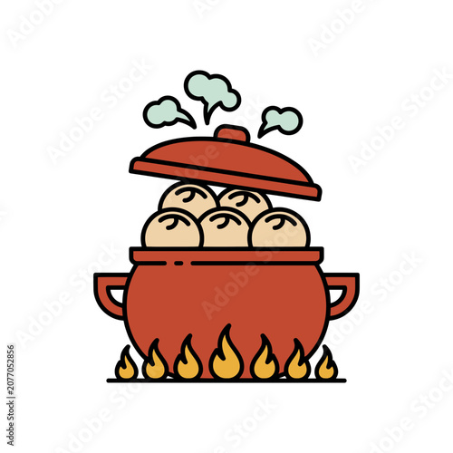 Flat illustration of a cooking pot with dumplings and flames