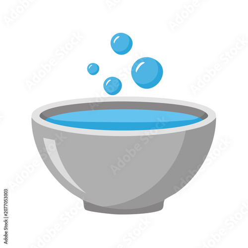 Gray bowl with blue water and bubbles, flat vector illustration