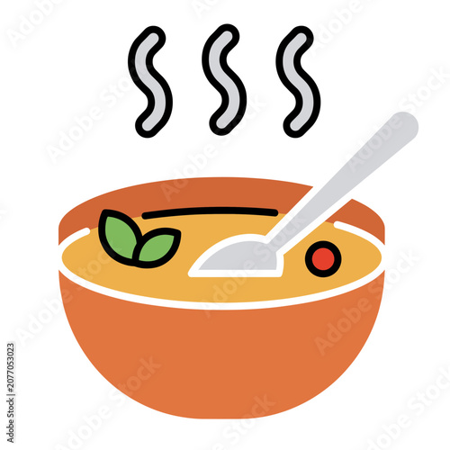 Hot soup in bowl with spoon and steam