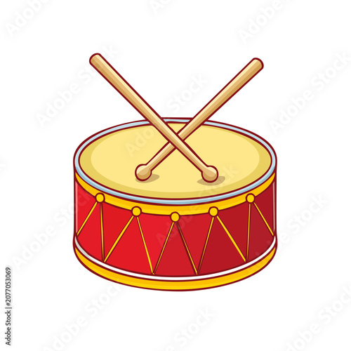 Red snare drum with drumsticks, flat vector illustration