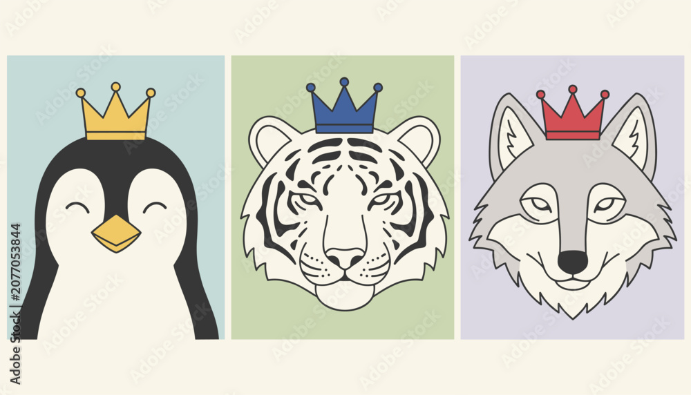 Fototapeta premium Three cute animal portraits of a penguin, a white tiger, and a wolf, each wearing a vibrant colorful crown.