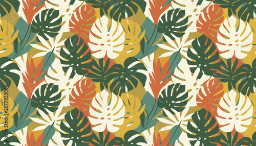Tropical seamless pattern featuring large monstera and palm leaves in a rich color palette of green, white, and orange.