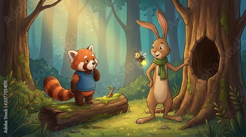 Cute red panda and rabbit in enchanting forest with firefly