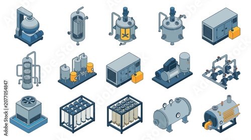 Isometric industrial equipment vector icon set featuring factory machinery chemical reactors generators storage tanks and filtration systems for engineering infographics and manufacturing design