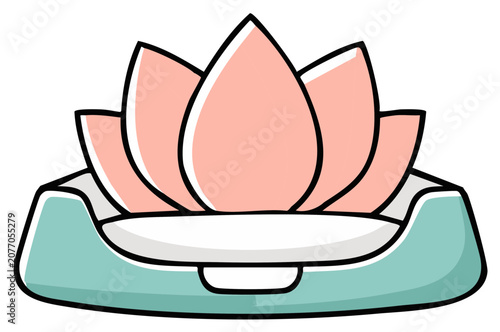 Stylized pink lotus flower in a teal base with white accents