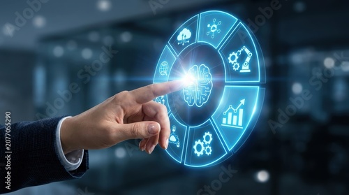 A business person interacts with a futuristic circular artificial intelligence dashboard interface displaying digital automation and analytic icons