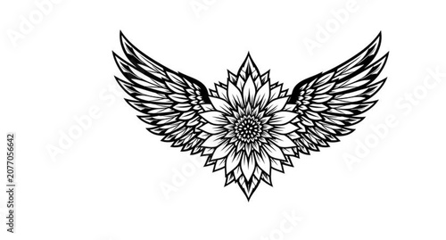 Black and white wings vector design with heart, angel and eagle symbolism, tattoo style tribal feather illustration, love and vintage emblem icon set