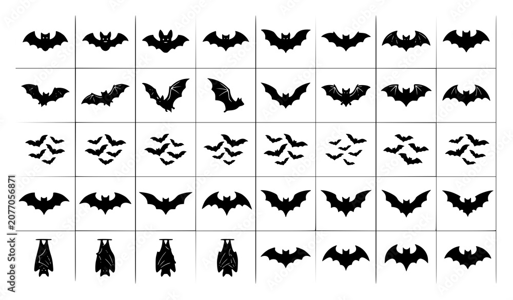 Fototapeta premium Flying Halloween Bat Silhouette Icons Editable Black Vector Collection
