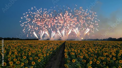 Fireworks explode over a field of sunflowers on USA Independence Day evening