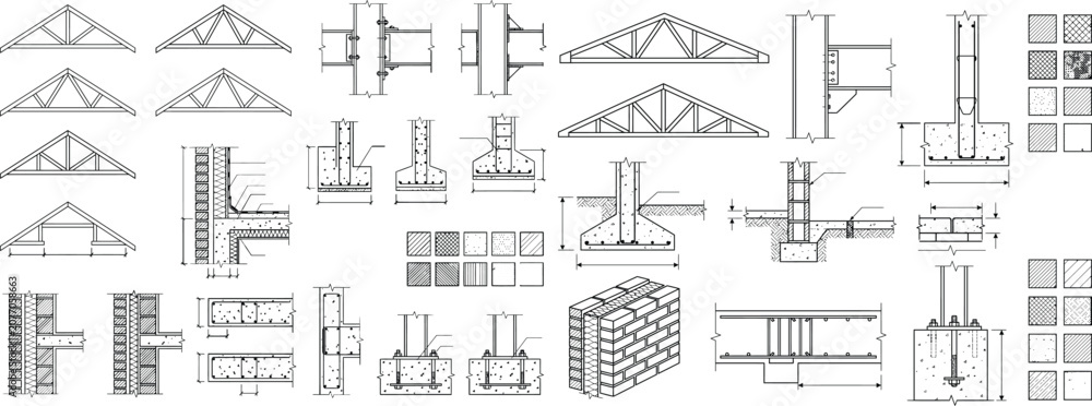 Obraz premium Structural CAD truss and framing symbol set, roof trusses, beams and construction detailing blocks for architectural and engineering drawings