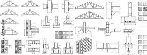 Obraz na płótnie Structural CAD truss and framing symbol set, roof trusses, beams and constructio