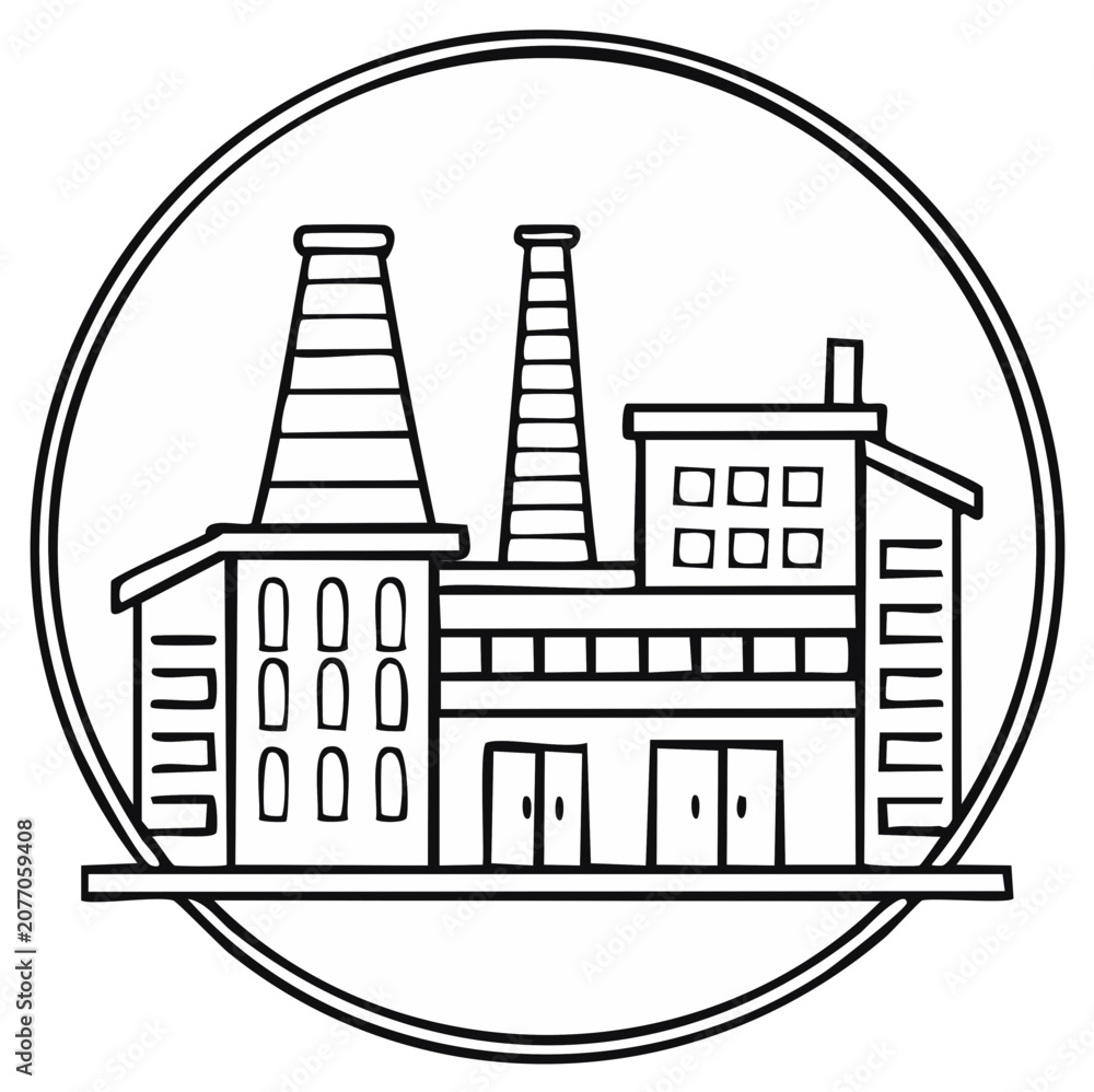 Obraz premium Factory Plant Illustration Inside Circle Industrial Facility Production Building Chimneys Line Art Drawing