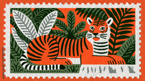 Tiger on a vintage postage stamp amid tropical foliage, bold gouache illustration
