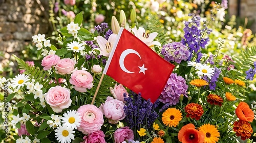 Turkish Flag Waving Among Colorful Spring Flowers in Bright Outdoor Setting