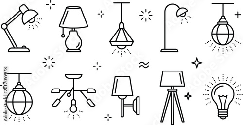 Tableau sur toile Home lighting lamp vector doodle icon set with desk light chandelier pendant flo